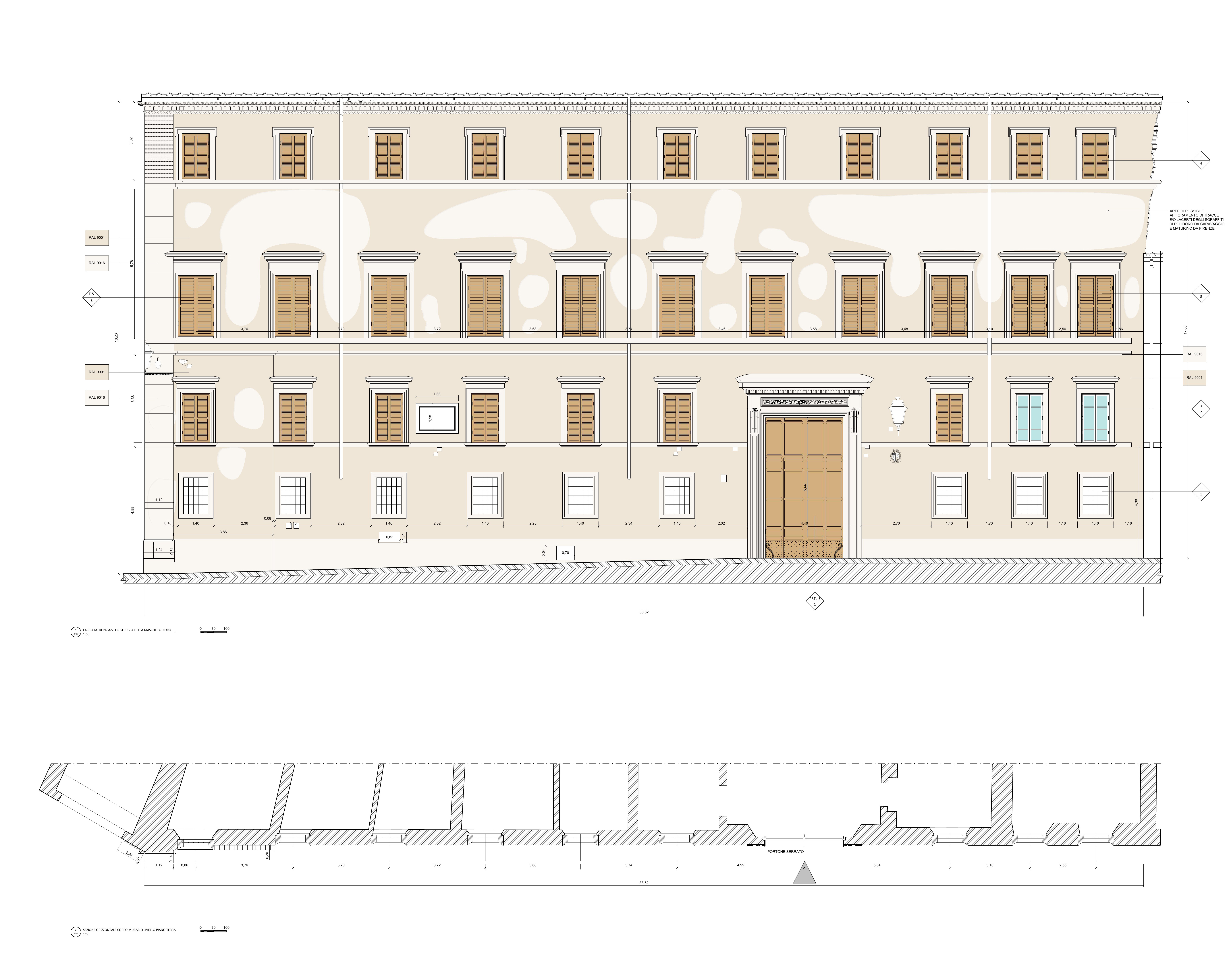 Progetto della fronte architettonica di Palazzo Cesi su via della Maschera d'Oro